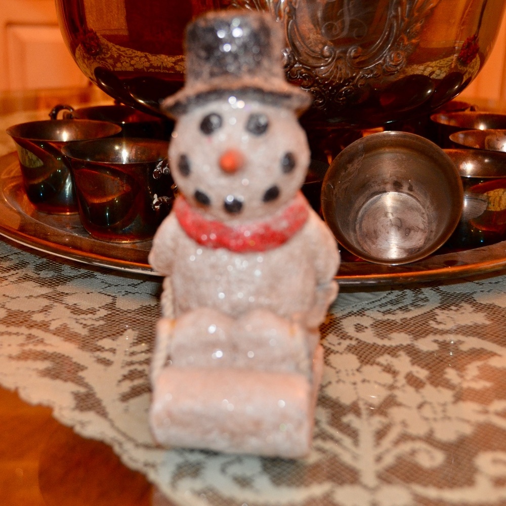 Vintage Glitter Snowman on Sled